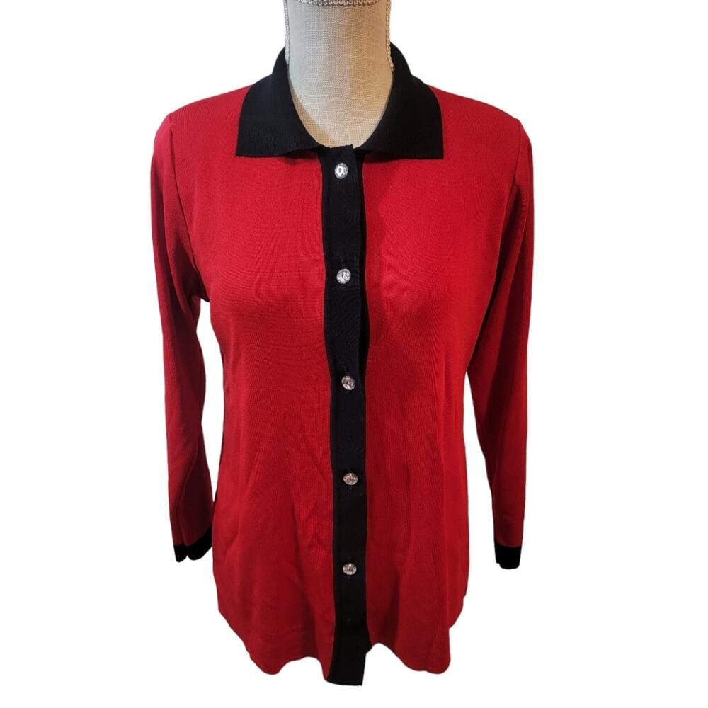 Exclusively Misook Red/Black L/S Button Up Rhinestone Collared Blouse M/L